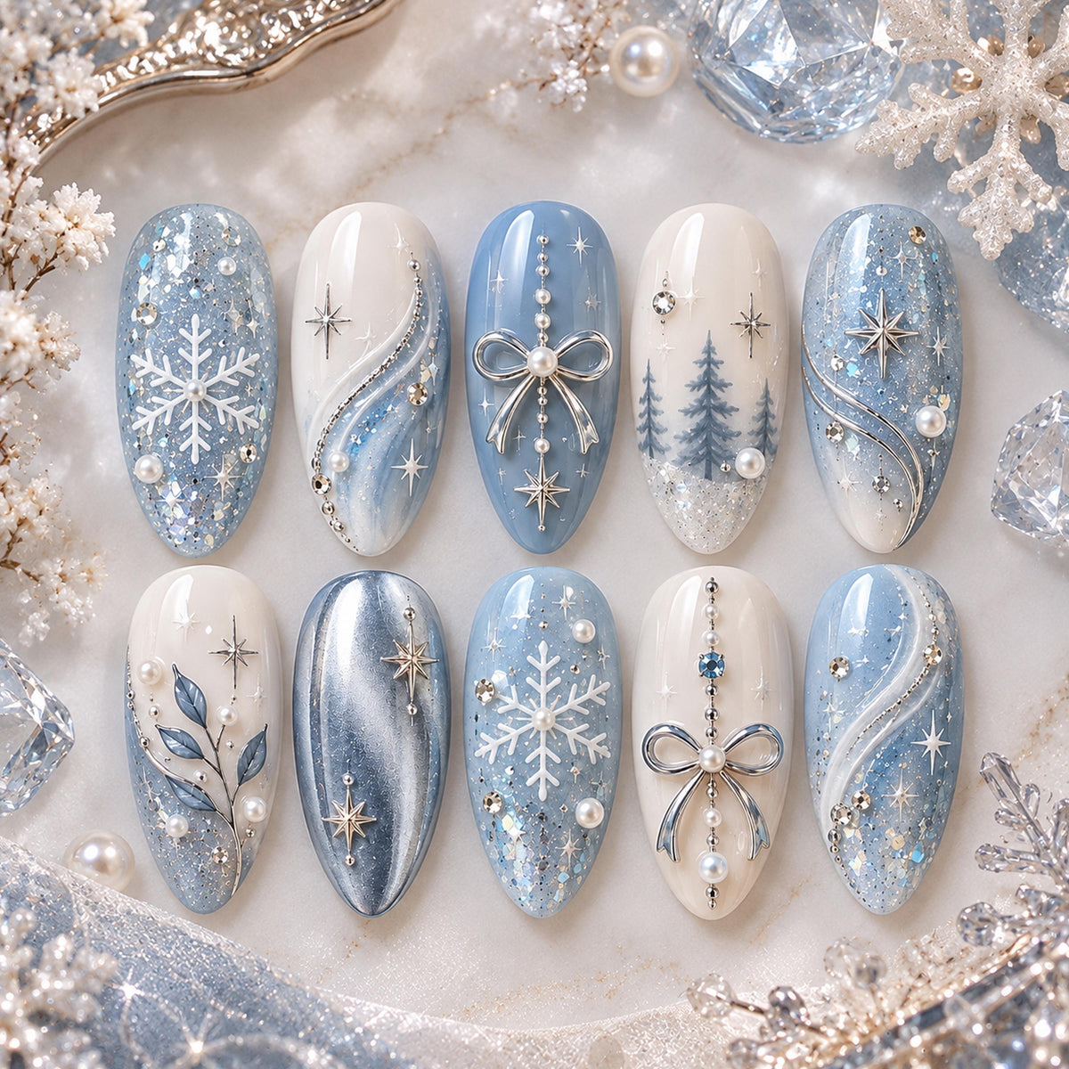 Icy Blue Snowflake and Silver Bow Winter Nail Set