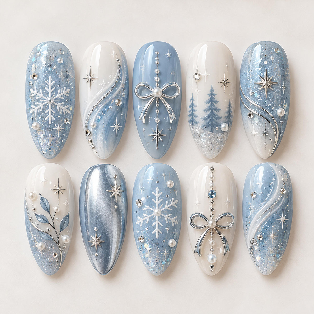 Icy Blue Snowflake and Silver Bow Winter Nail Set