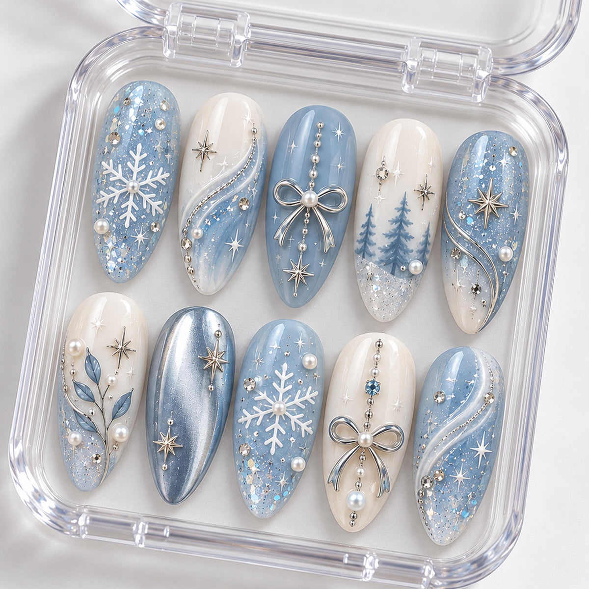 Icy Blue Snowflake and Silver Bow Winter Nail Set