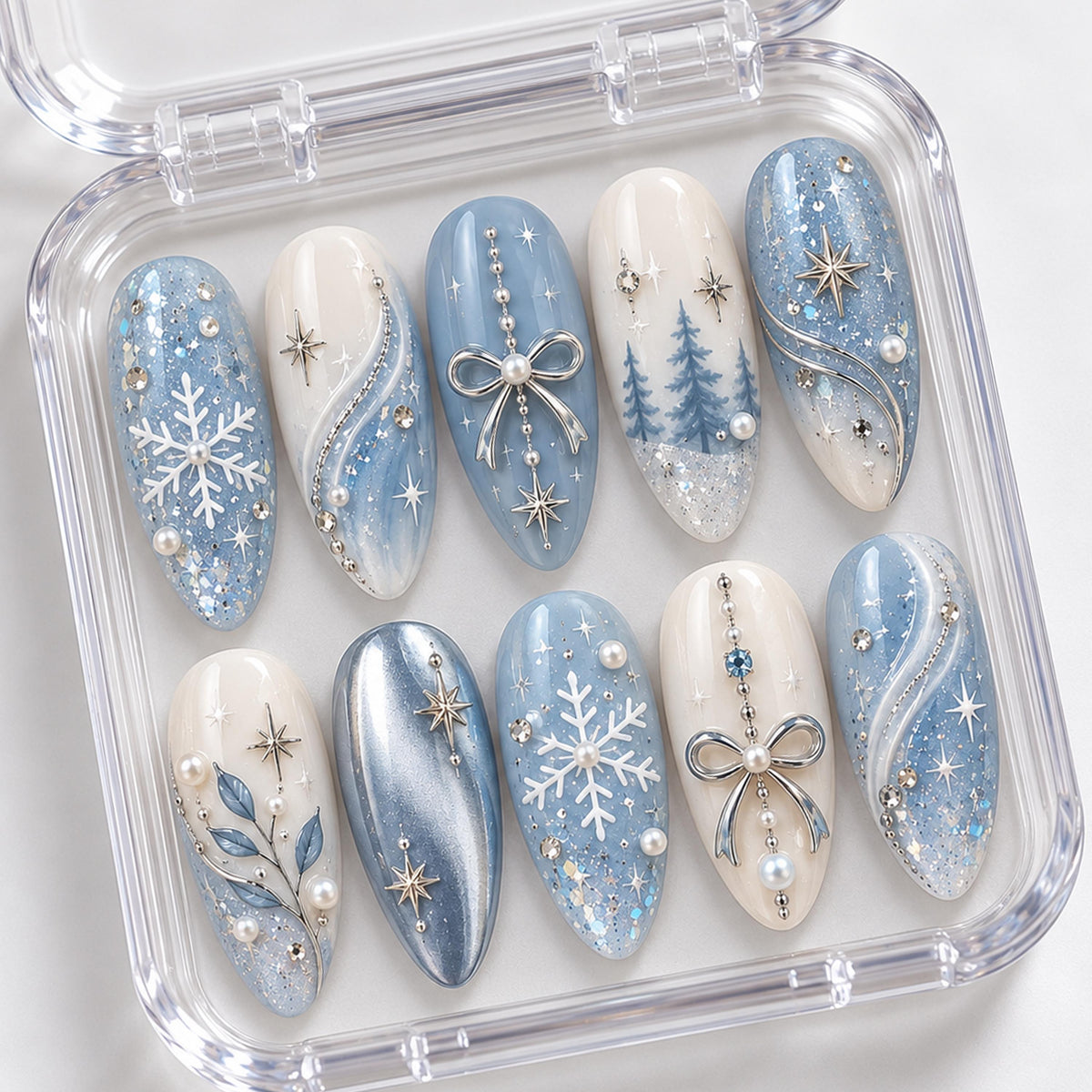 Icy Blue Snowflake and Silver Bow Winter Nail Set
