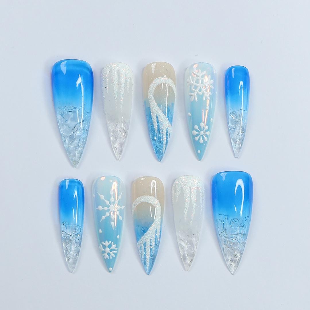 Icy Blue Snowflake Christmas Press-On Nails With Silver Glitter