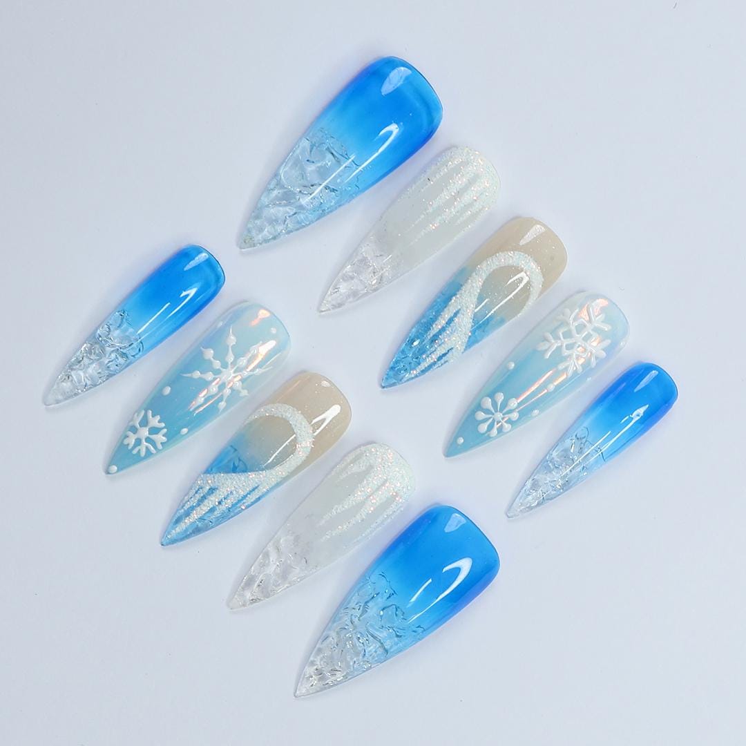 Icy Blue Snowflake Christmas Press-On Nails With Silver Glitter