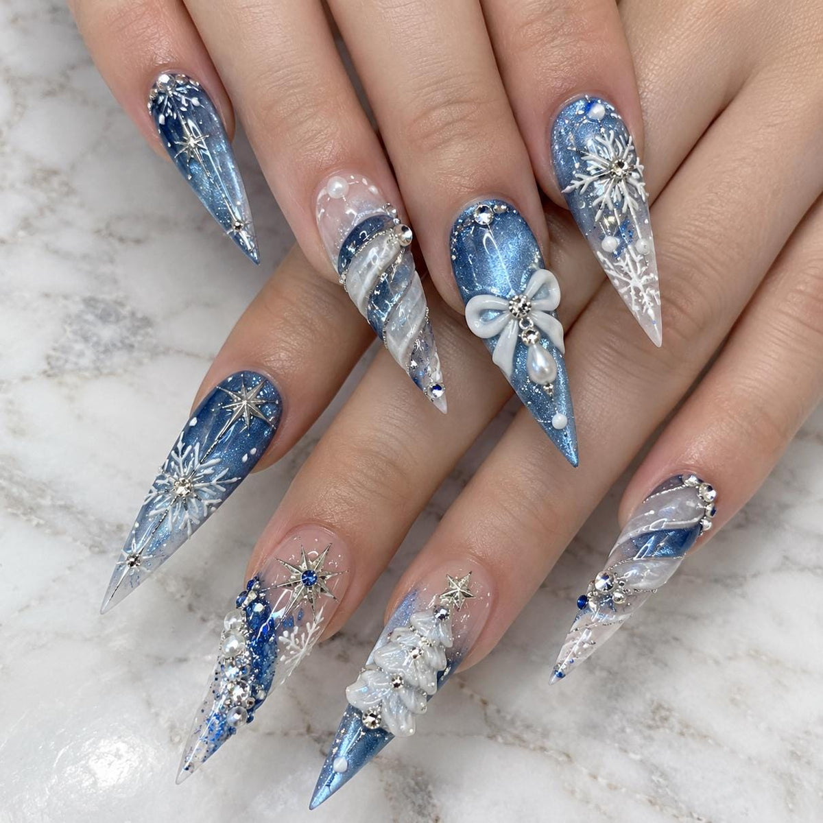 Icy Blue Snowflake Winter Press-On Nails With 3D Bows and Rhinestones
