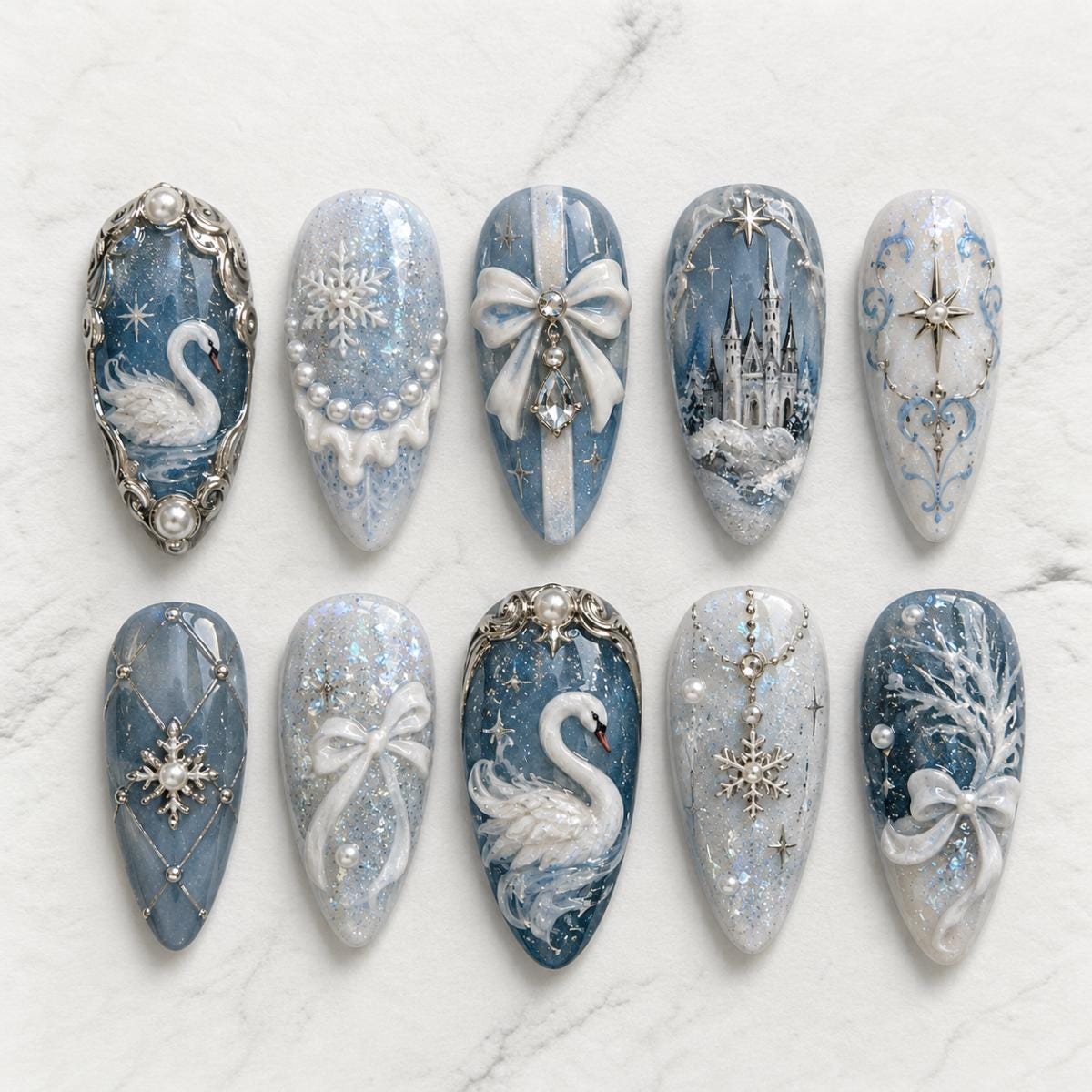 Icy Blue Swan and Winter Castle Christmas Nail Set With Snowflakes, Pearl Bows, and Silver Details