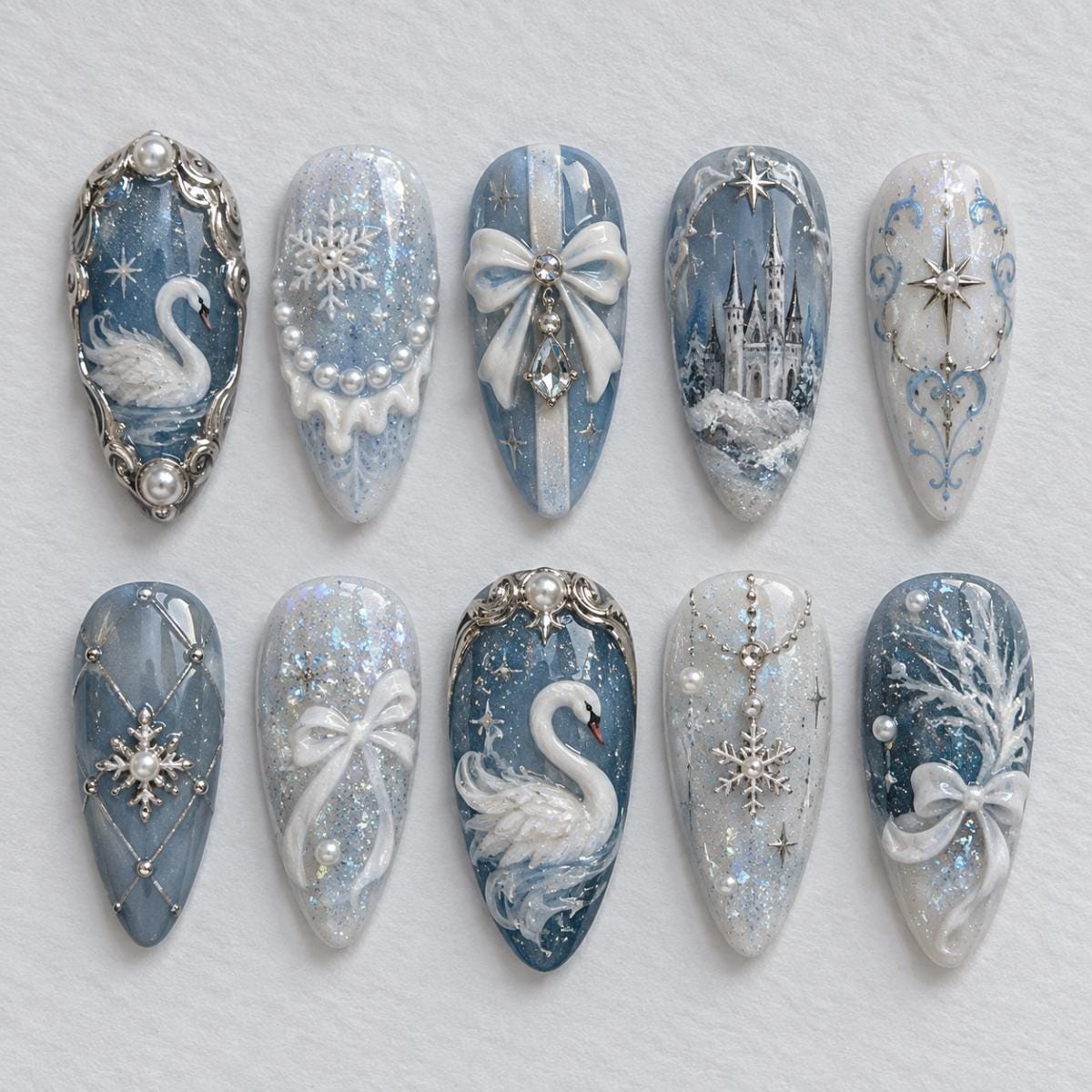 Icy Blue Swan and Winter Castle Christmas Nail Set With Snowflakes, Pearl Bows, and Silver Details