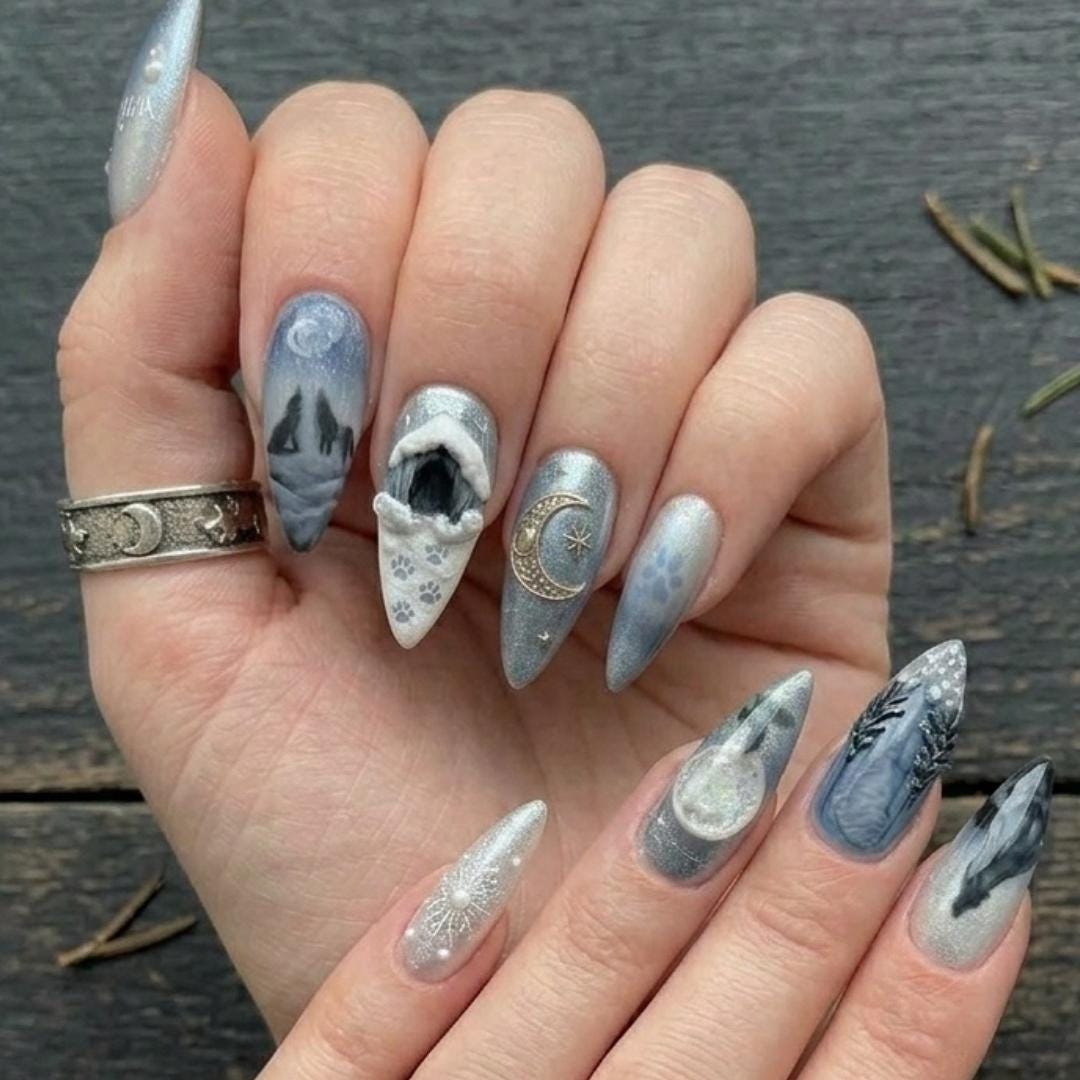 Icy Blue Wolf and Crescent Moon Winter Celestial Nail Set