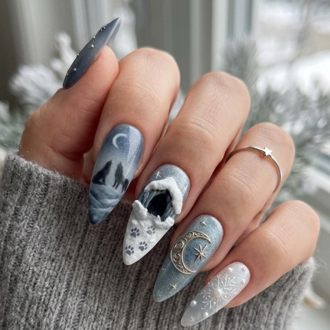 Icy Blue Wolf and Crescent Moon Winter Celestial Nail Set