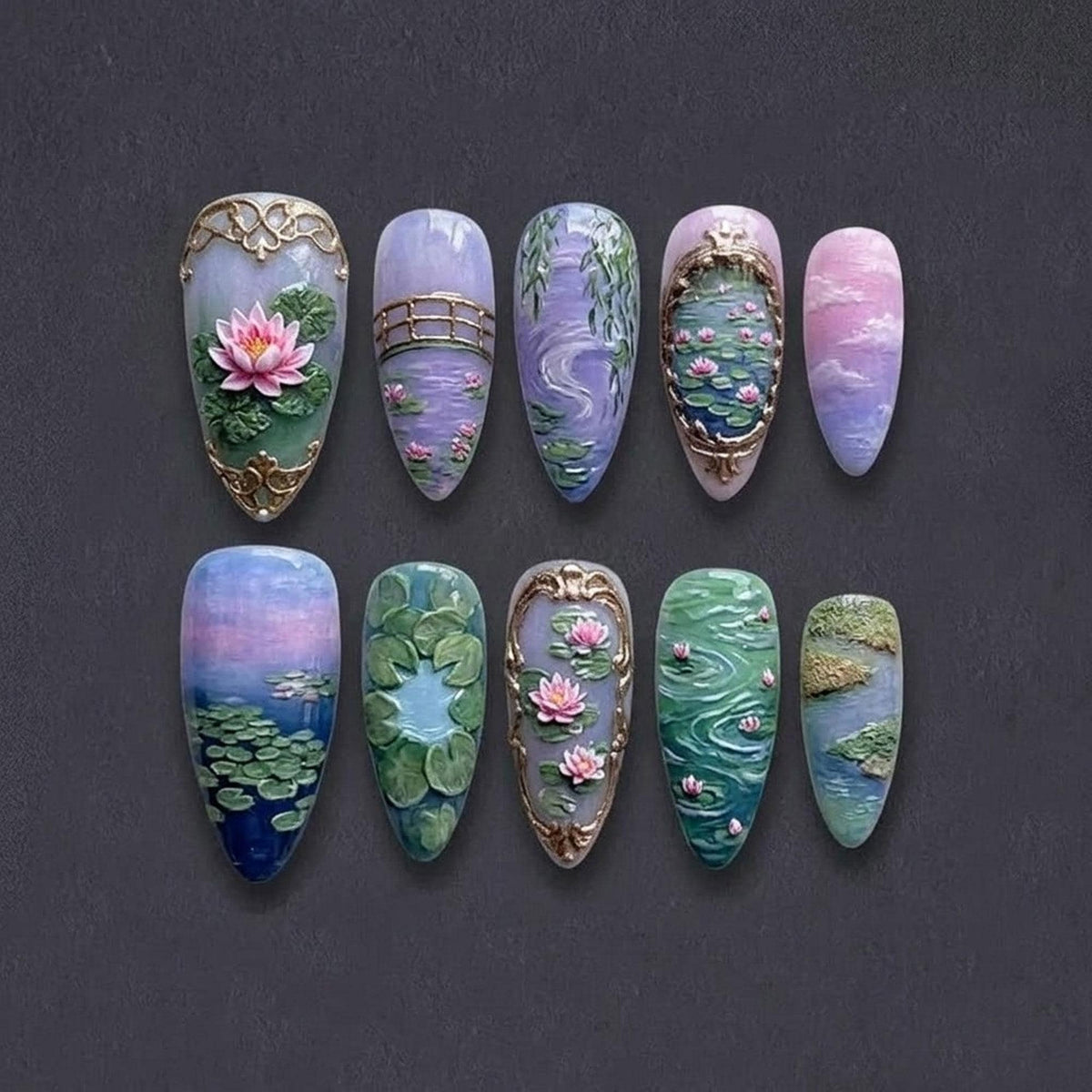 Impressionist Water Lily Pond Nail Set With Lavender, Green and Gold Details