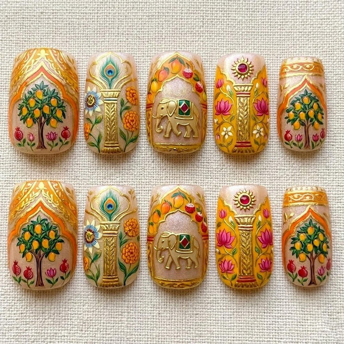 Indian Palace Elephant and Floral Press-On Nail Set
