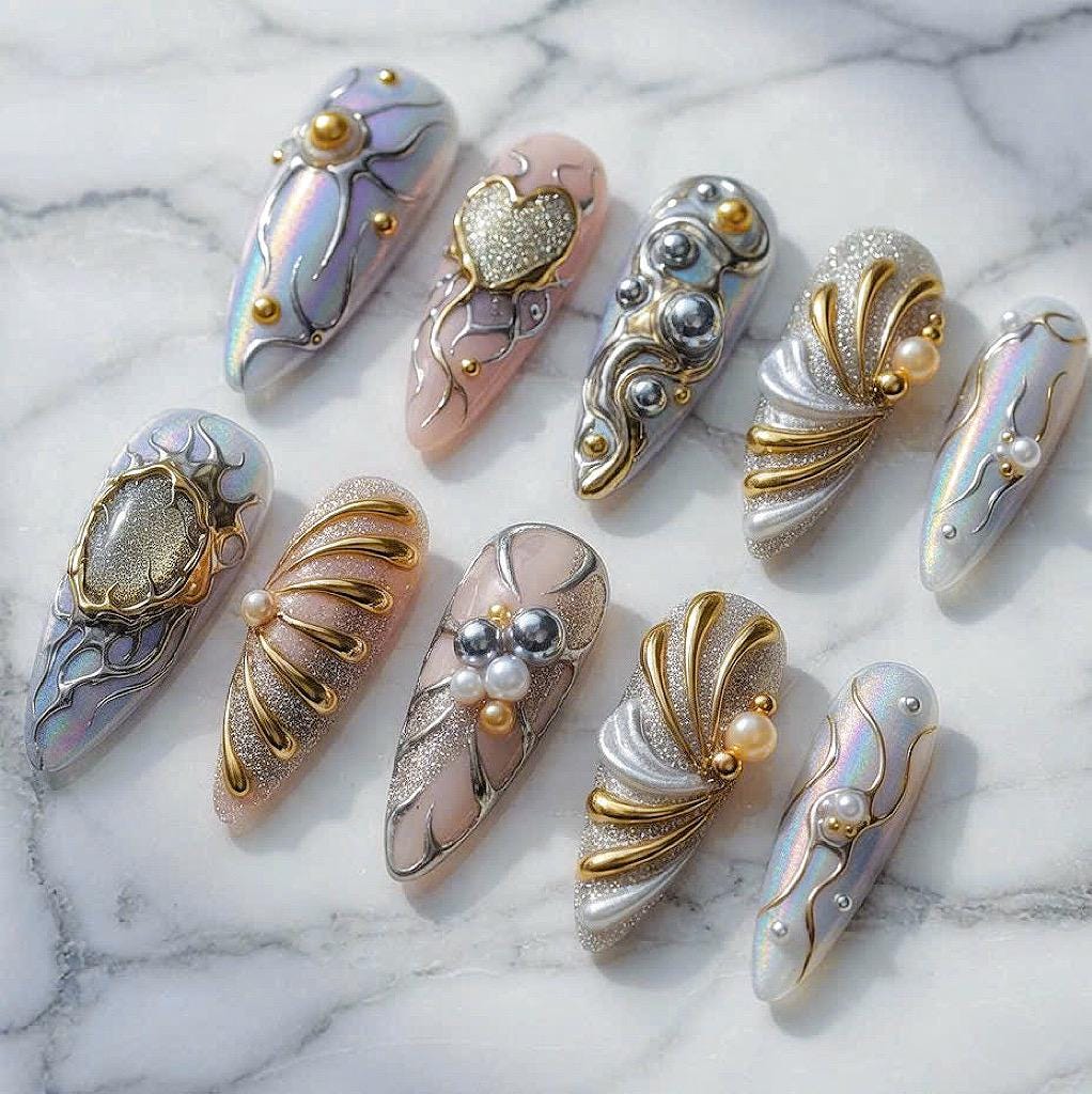 Iridescent Blue and Silver 3D Sculptural Pearl Nail Set