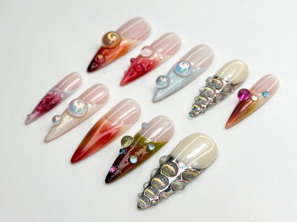 Iridescent Gradient Bubble Nails with Raised Chrome Accents