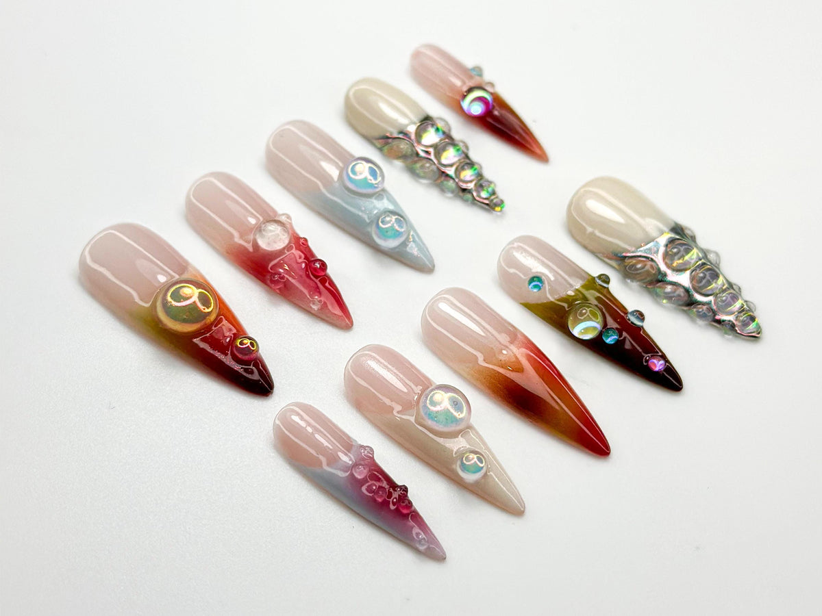 Iridescent Gradient Bubble Nails with Raised Chrome Accents