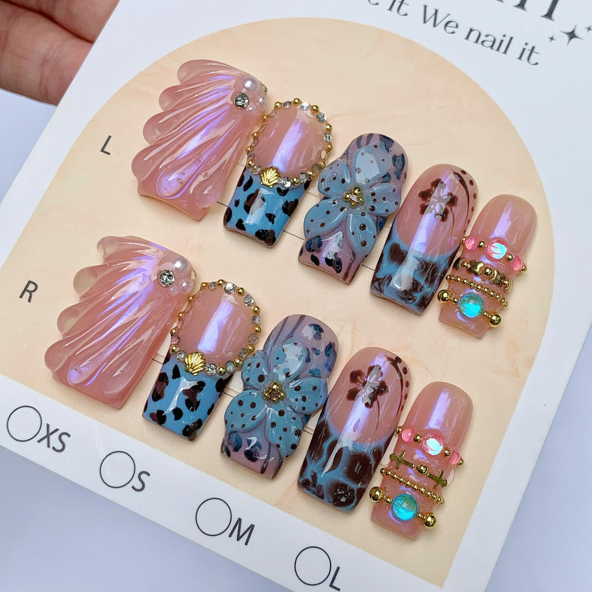 Iridescent Pink Shell and Blue Floral Press-On Nail Set with Gold Bead Details