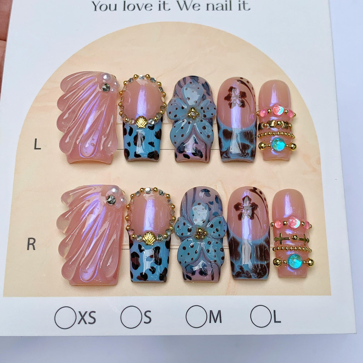 Iridescent Pink Shell and Blue Floral Press-On Nail Set with Gold Bead Details