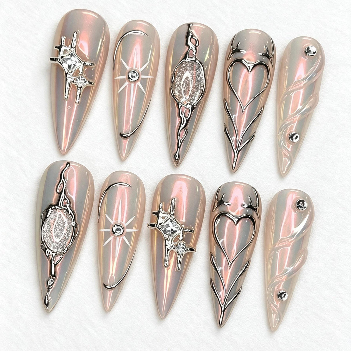 Iridescent Pink Silver Chrome Heart and Starburst Y2K Nail Set