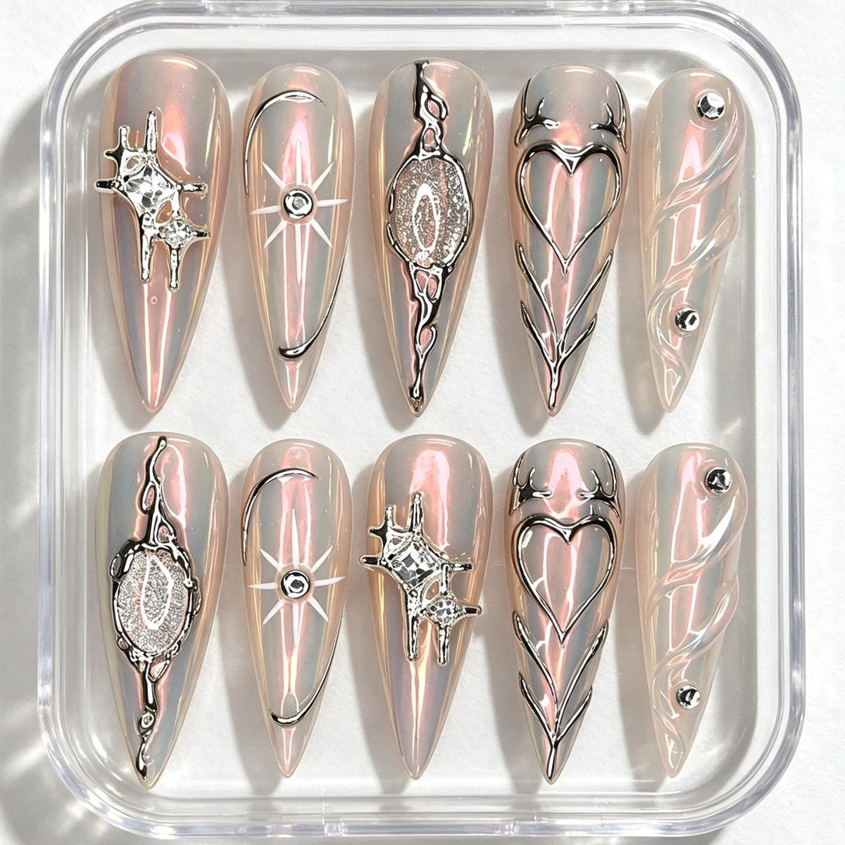 Iridescent Pink Silver Chrome Heart and Starburst Y2K Nail Set