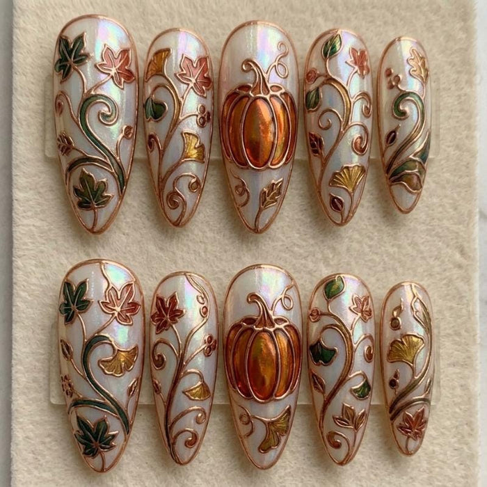 Iridescent Pumpkin and Autumn Foliage Press-On Nails with Rose-Gold Scrollwork