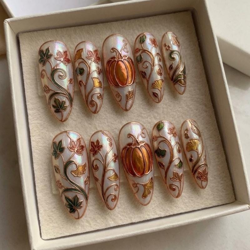 Iridescent Pumpkin and Autumn Foliage Press-On Nails with Rose-Gold Scrollwork
