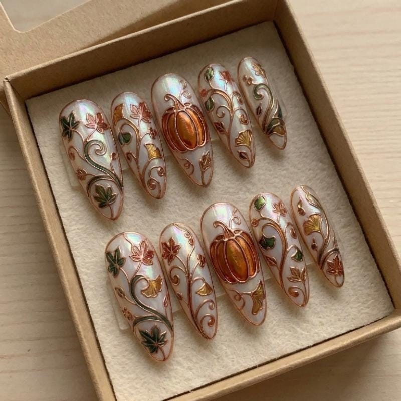 Iridescent Pumpkin and Autumn Foliage Press-On Nails with Rose-Gold Scrollwork
