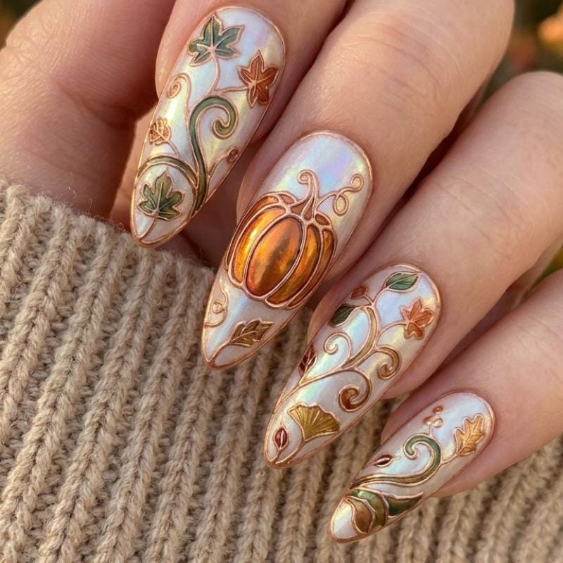 Iridescent Pumpkin and Autumn Foliage Press-On Nails with Rose-Gold Scrollwork