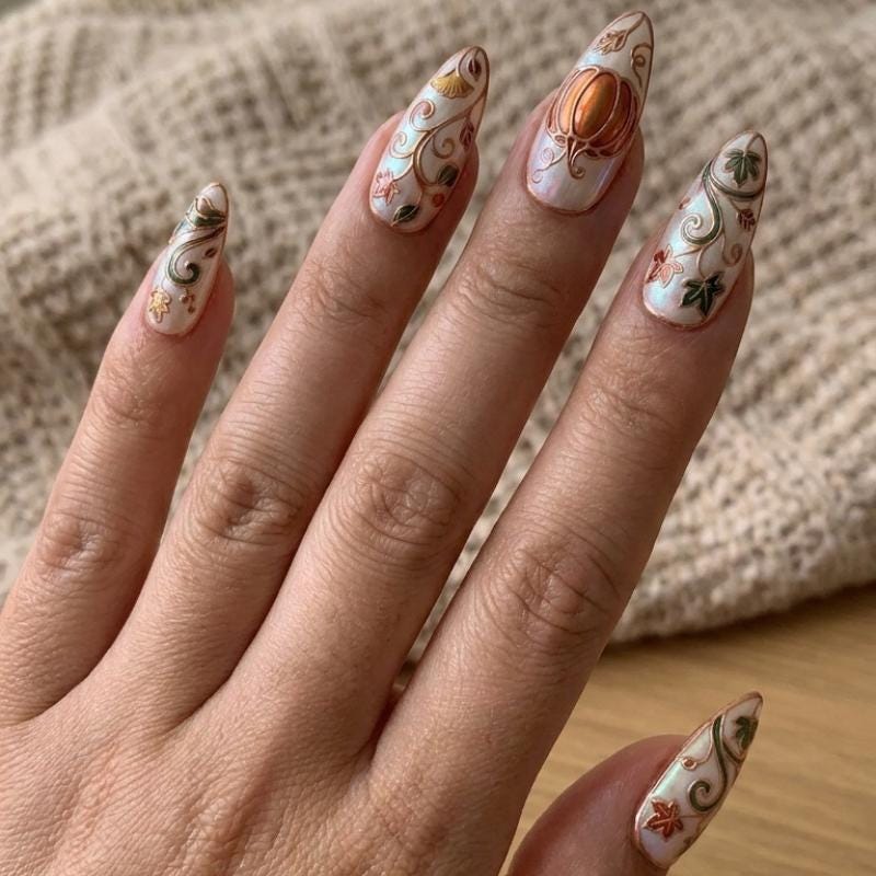 Iridescent Pumpkin and Autumn Foliage Press-On Nails with Rose-Gold Scrollwork