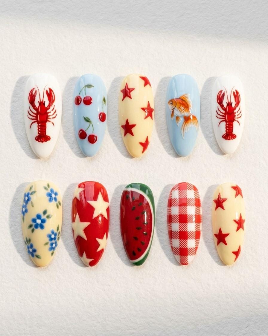 Italian Summer Mismatched Nails with Lobsters, Cherries, Stars and Gingham