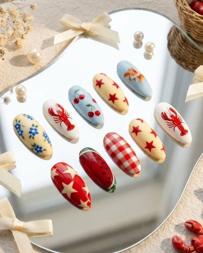 Italian Summer Mismatched Nails with Lobsters, Cherries, Stars and Gingham