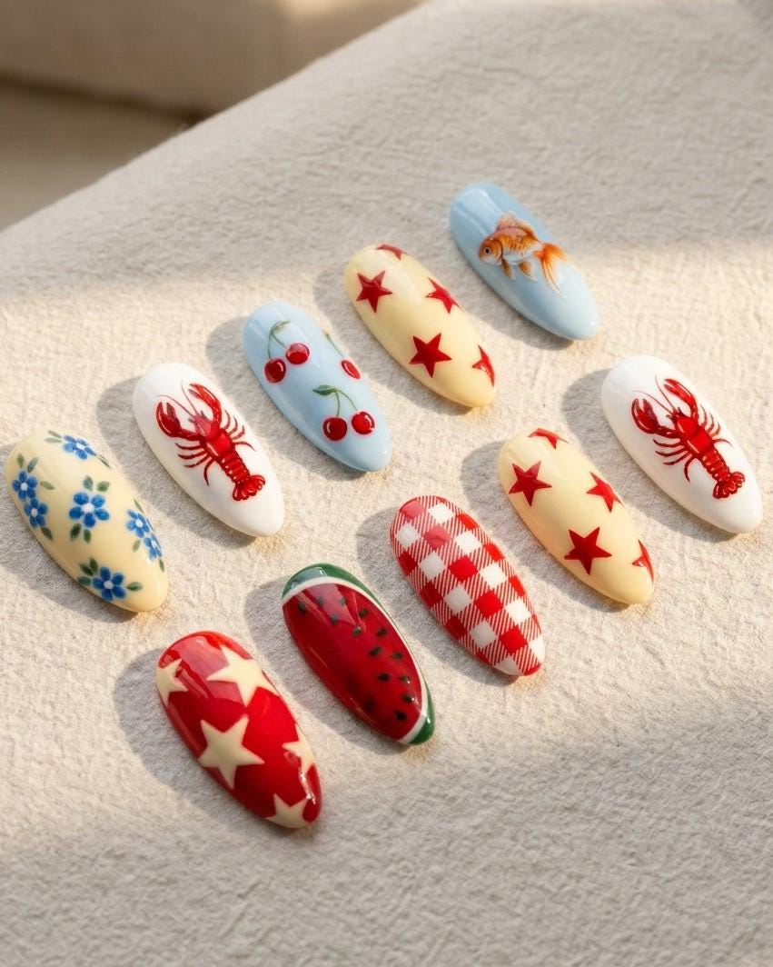 Italian Summer Mismatched Nails with Lobsters, Cherries, Stars and Gingham