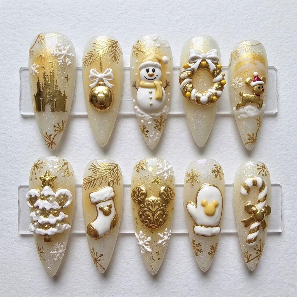 Ivory Glitter Christmas Press On Nails with Gold Castle and 3D Holiday Details