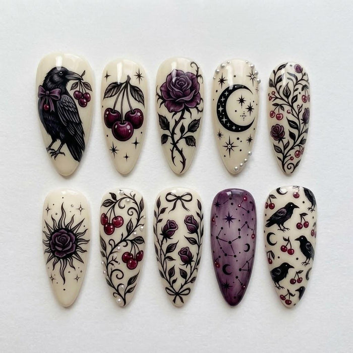 Ivory Gothic Press On Nail Set with Ravens, Roses, Cherries and Crescent Moon