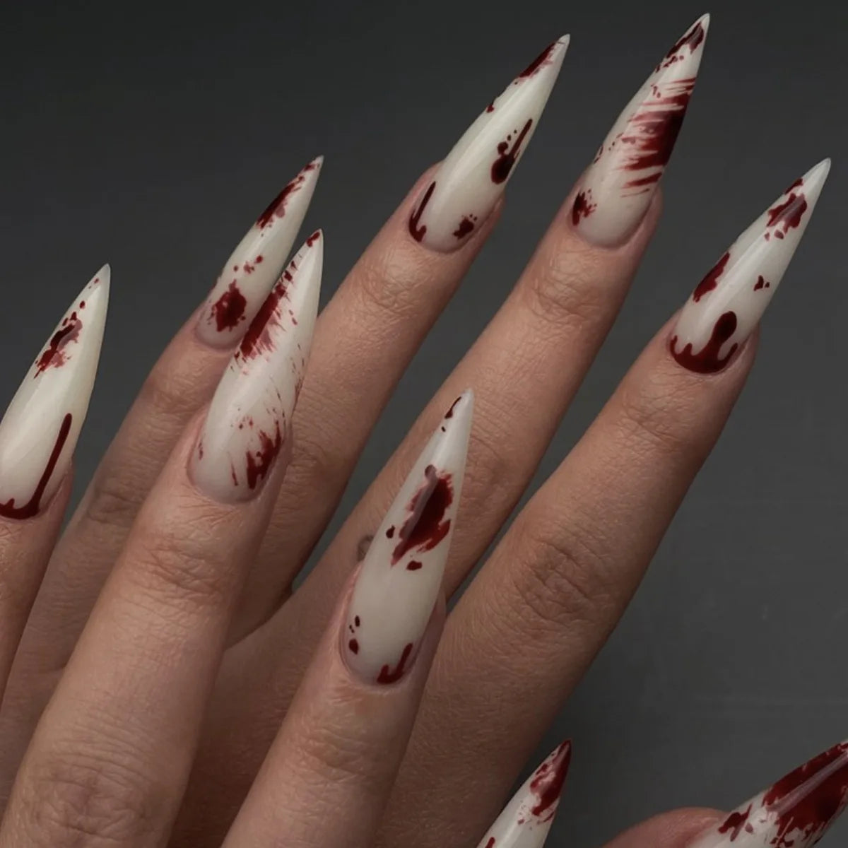 Ivory Nails With Dark Red Blood Splatter, Horror Press-On Nail Set