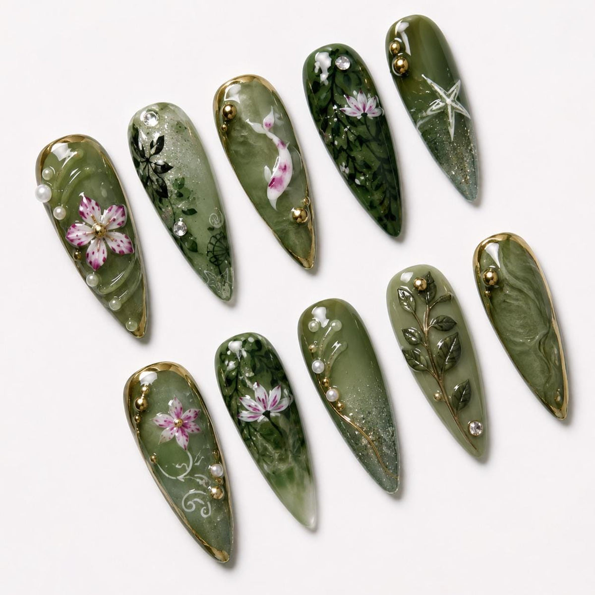 Jade Green Botanical Flower and Fish Press On Nails with Gold Accents
