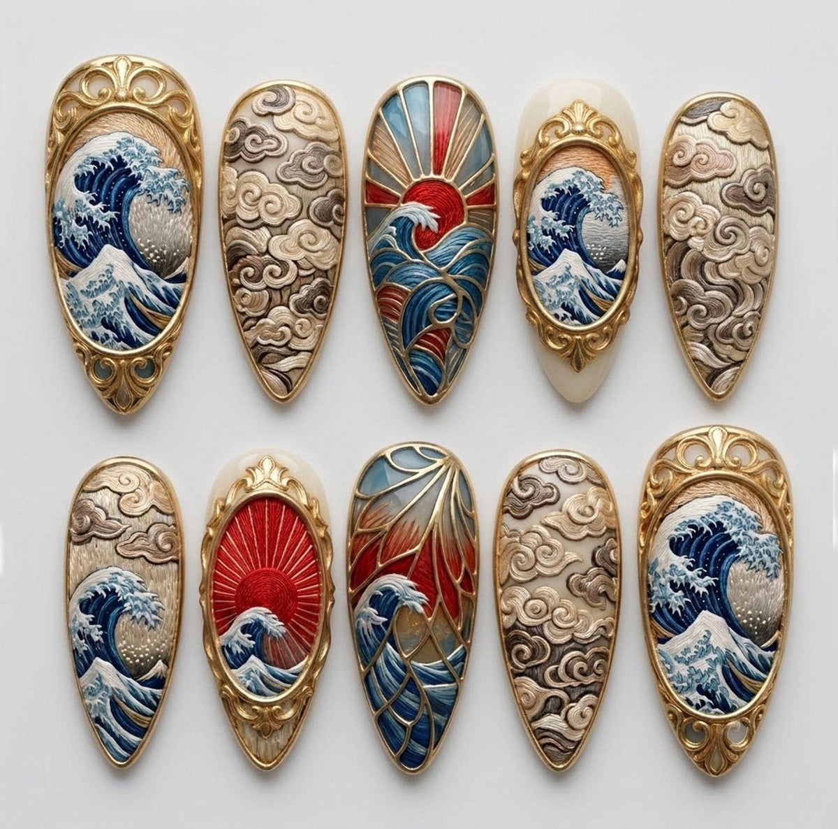 Japanese Great Wave Press-On Nails With Gold Frames and Red Sunbursts