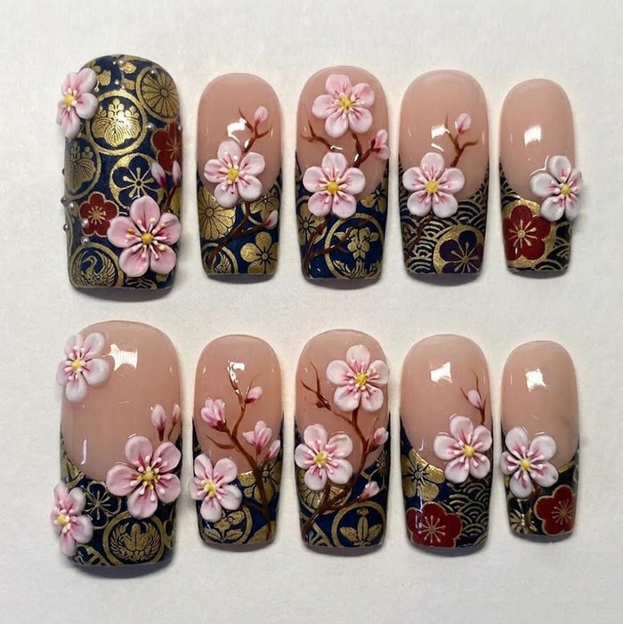 Japanese Sakura Cherry Blossom Press On Nails With Navy, Gold and Kimono-Inspired Tips
