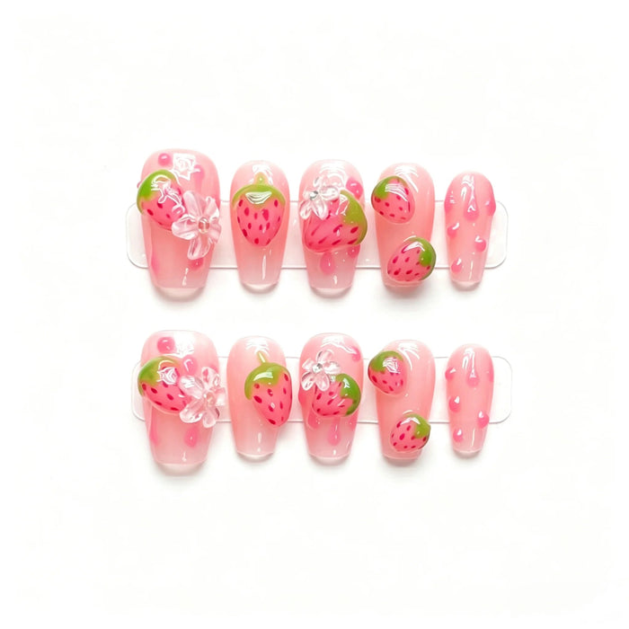 Jelly Pink Strawberry and 3D Flower Press-On Nail Set