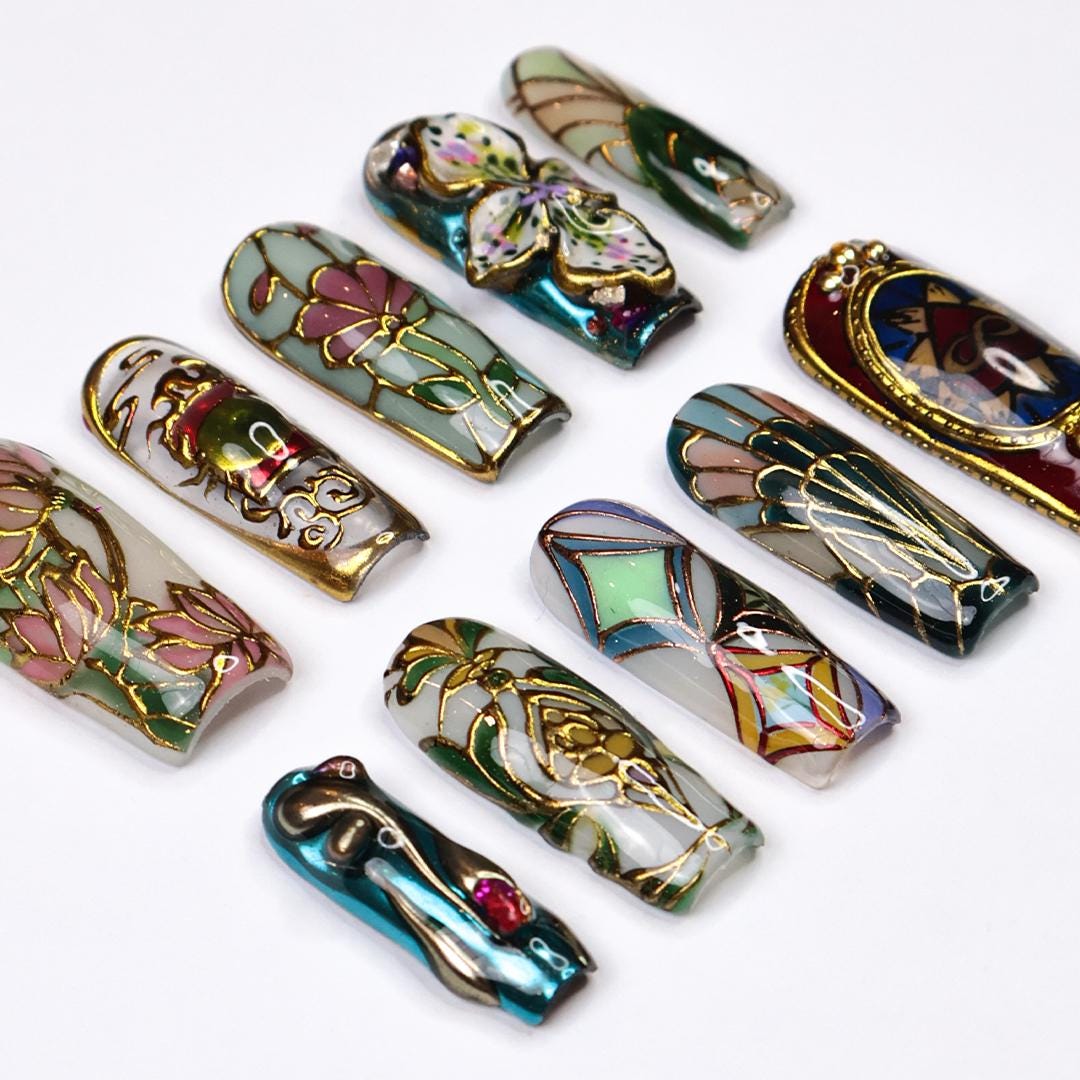 Jewel-Tone Stained Glass Floral Press-On Nail Set With Gold Details