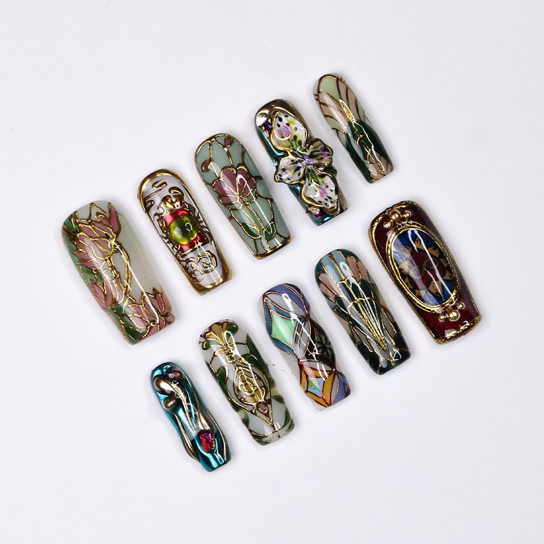 Jewel-Tone Stained Glass Floral Press-On Nail Set With Gold Details