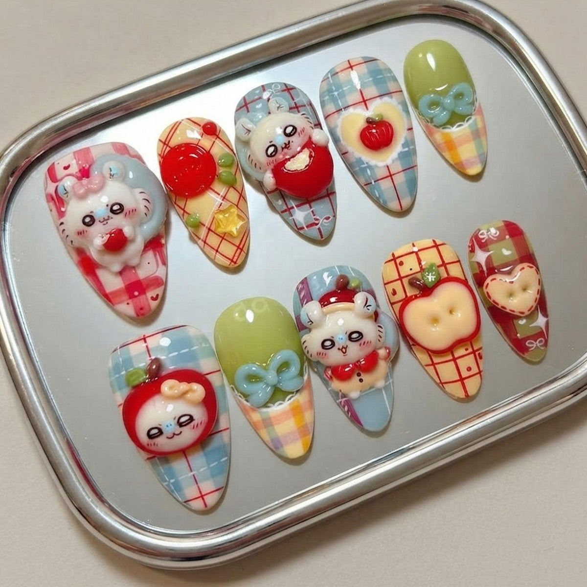 Kawaii Apple Picnic Nails with Pastel Plaid, Raised Characters and Bows