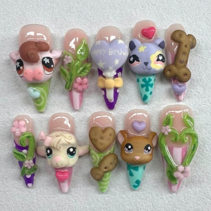 Kawaii Birthday Animal Press-On Nails With 3D Figures, Balloons, Cookies, and Flowers