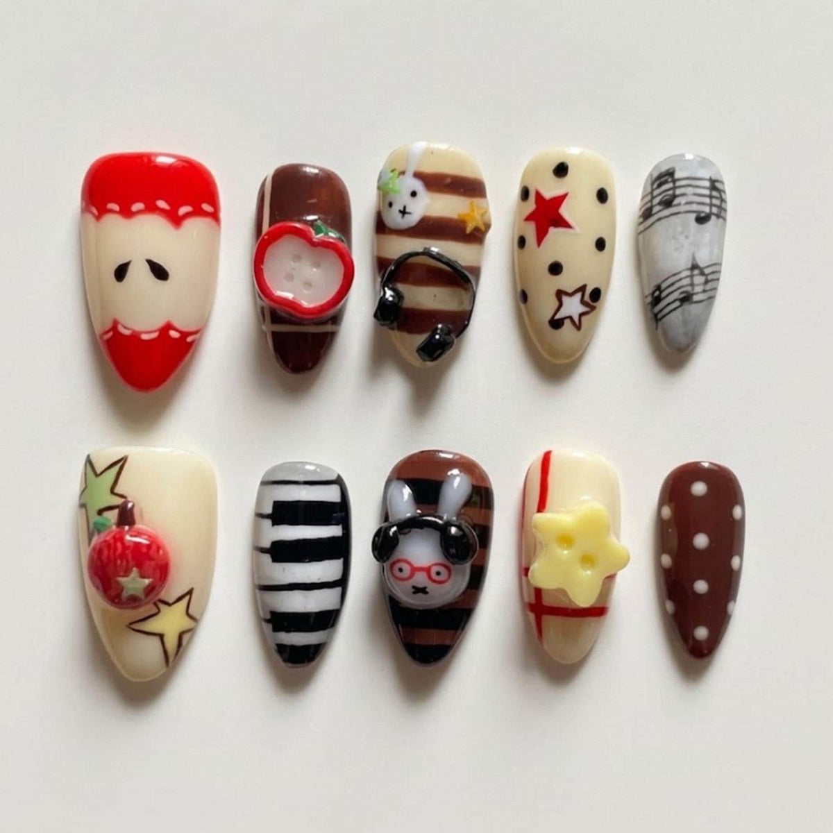 Kawaii Bunny, Apple, Music Notes and Star Press-On Nails