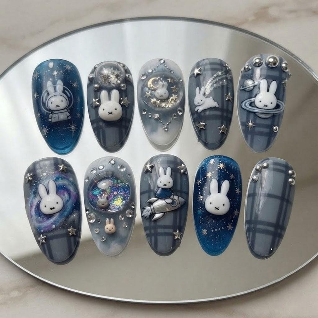 Kawaii Bunny Galaxy Press On Nail Set With Stars, Plaid, and Rhinestones