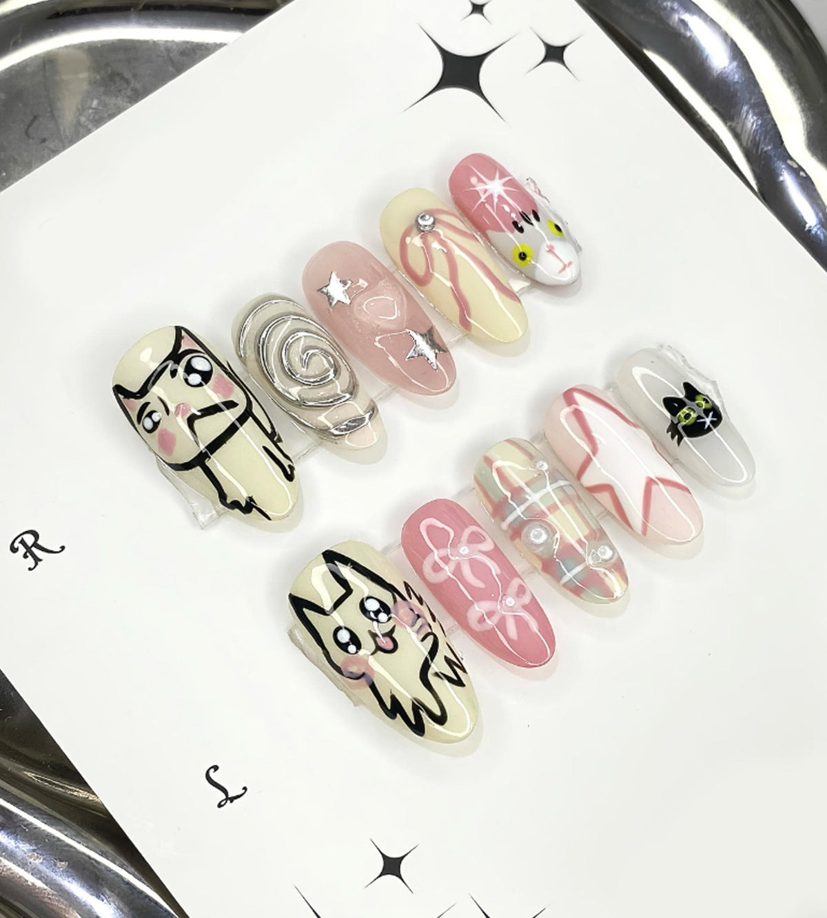 Kawaii Cat and Dog Press On Nails with Pink Plaid, Bows, Stars, and Flowers