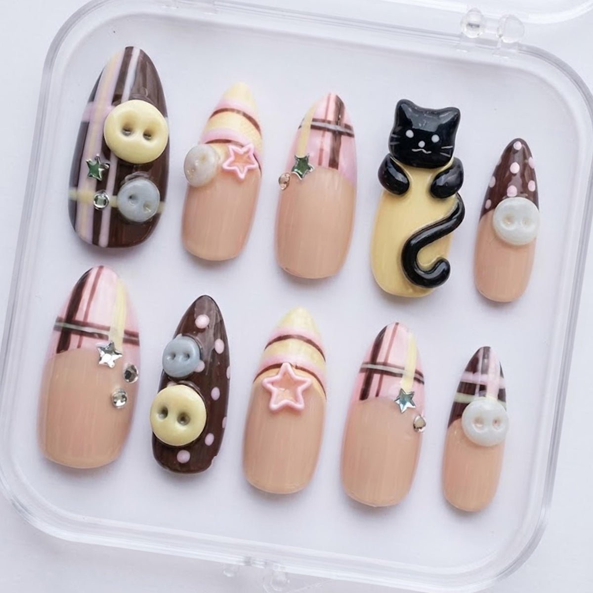 Kawaii Cat Plaid Press On Nails with Button Details, Stars and Rhinestones
