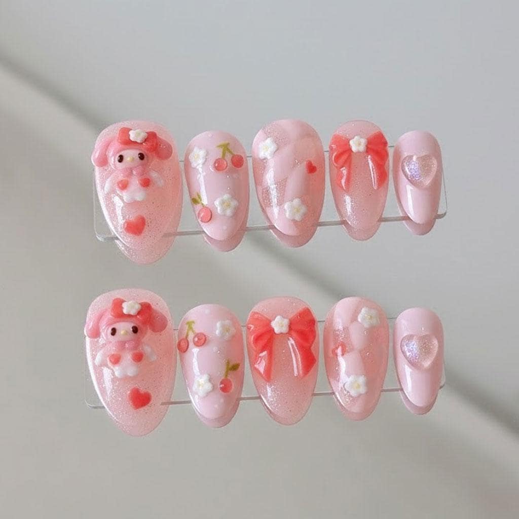 Kawaii Character Cherry and Red Bow Pink Nail Set