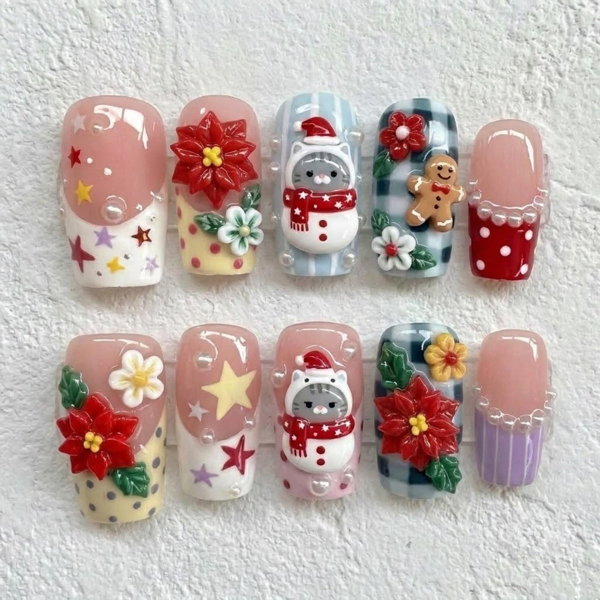 Kawaii Christmas Nails With 3D Snowmen, Poinsettias, and Gingerbread