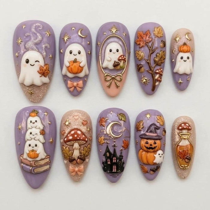 Kawaii Halloween Press On Nails With 3D Ghosts, Pumpkins, Mushrooms, and Autumn Details