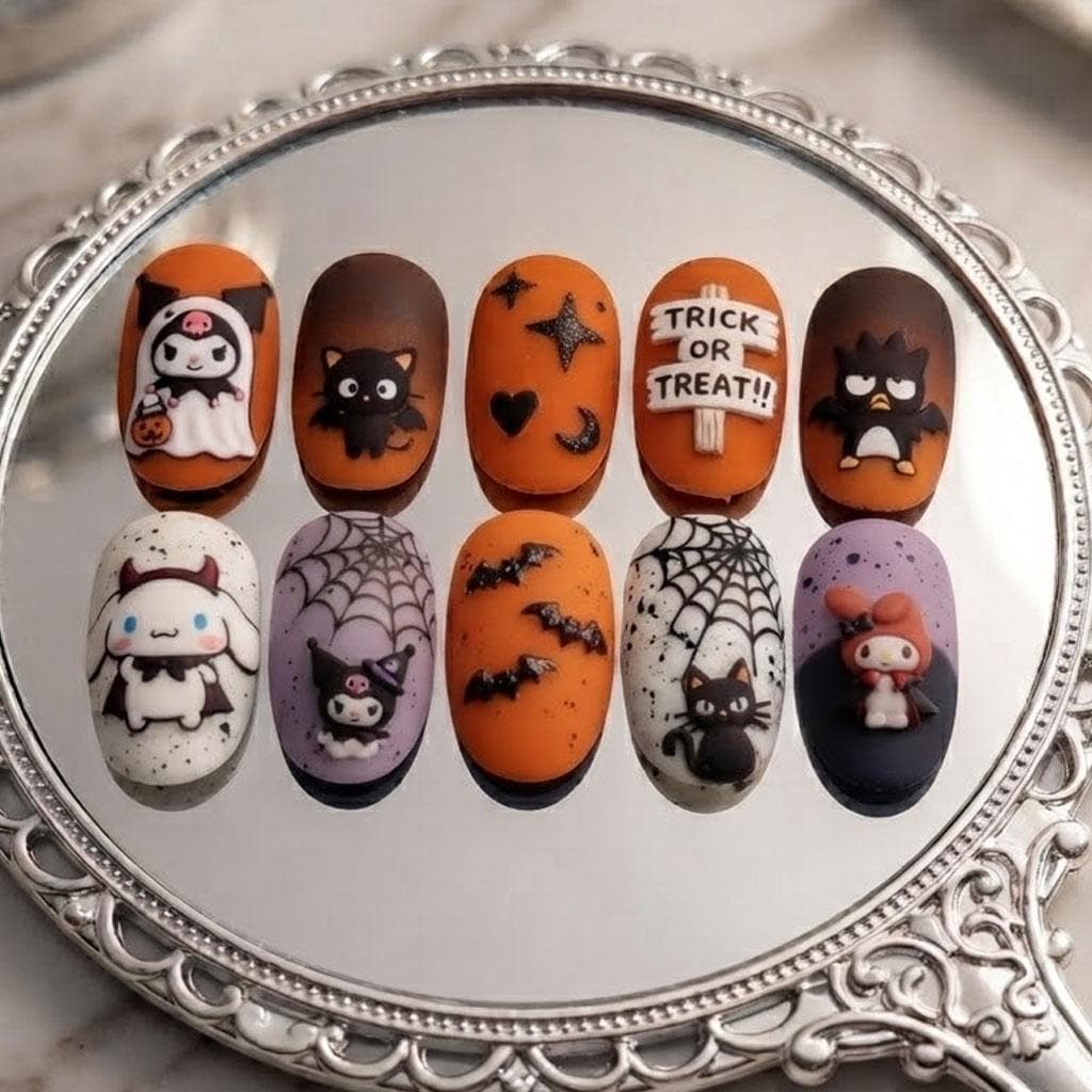 Kawaii Halloween Press On Nails with Cats, Ghosts, Bats and Spiderwebs