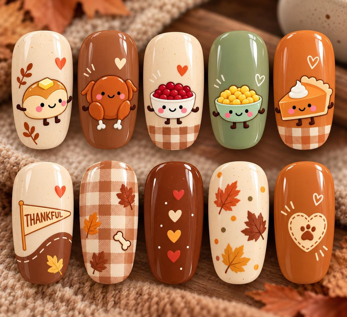 Kawaii Thanksgiving Food and Gingham Press On Nails
