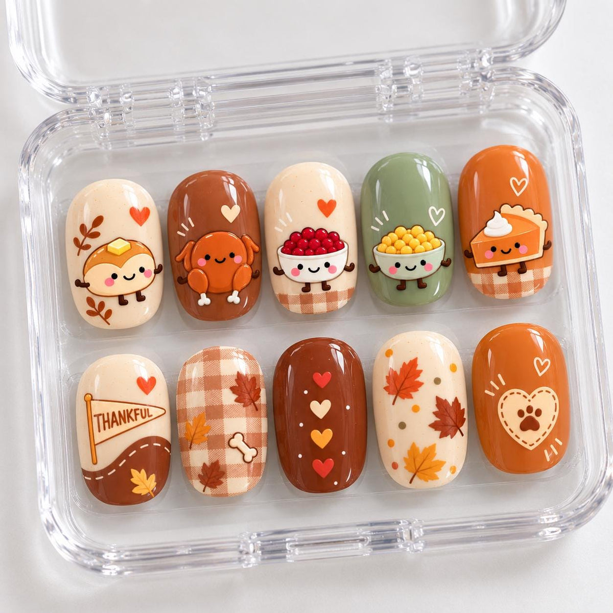 Kawaii Thanksgiving Food and Gingham Press On Nails