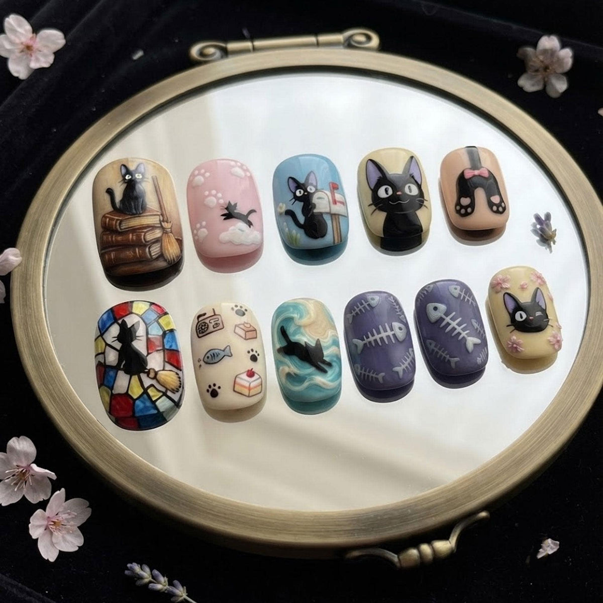 Kiki’s Delivery Service Cat, Broom and Storybook Art Press-On Nails